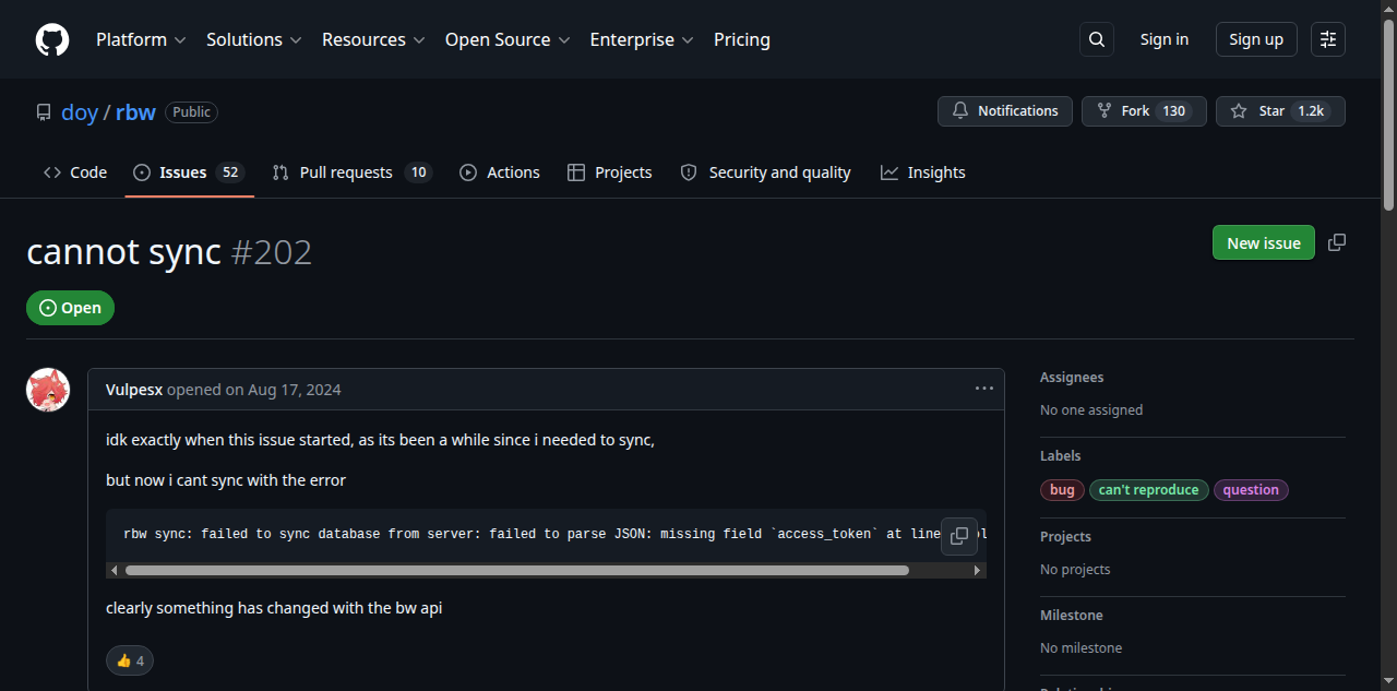 Issue #202 in the rbw repo