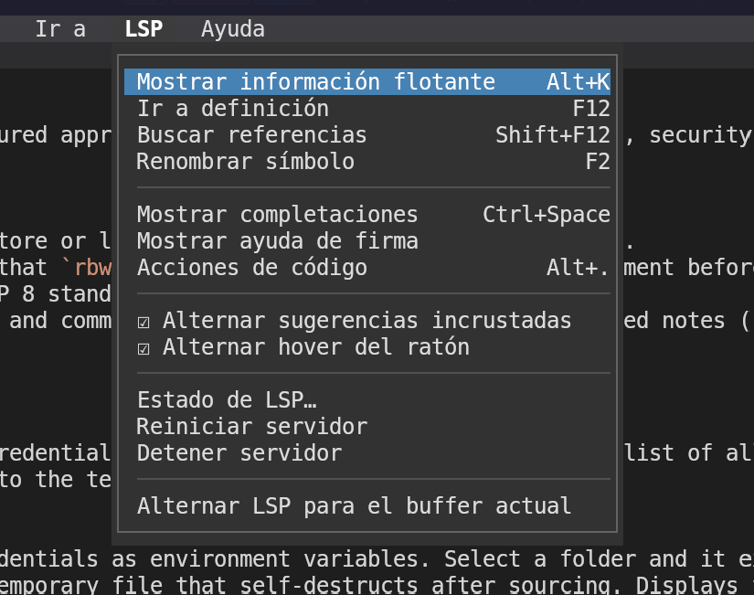 Opciones del menú LSP